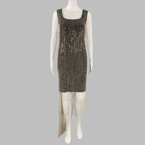 M Asymmetrical Rhinestone Black Silver Cotton Blend Sleeveless Cocktail Dress